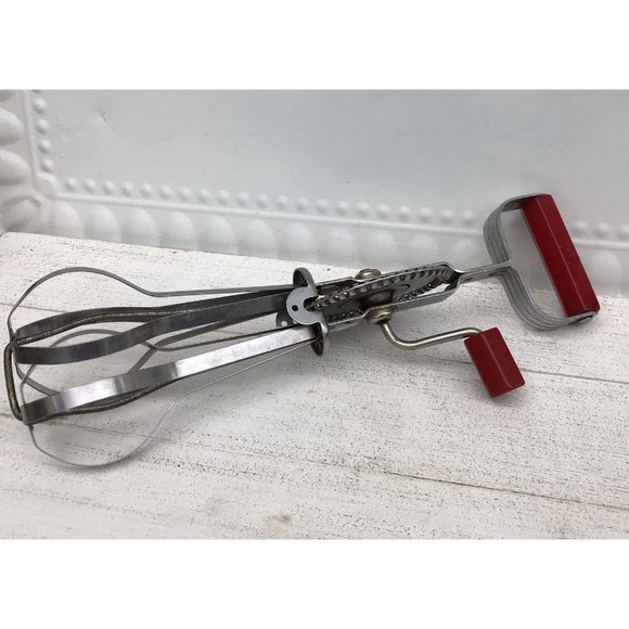 Antq 40s Ekco Red Bakelite Handle Hand Mixer Egg Beater Vtg Farmhouse Retro USA - Picture 2 of 11
